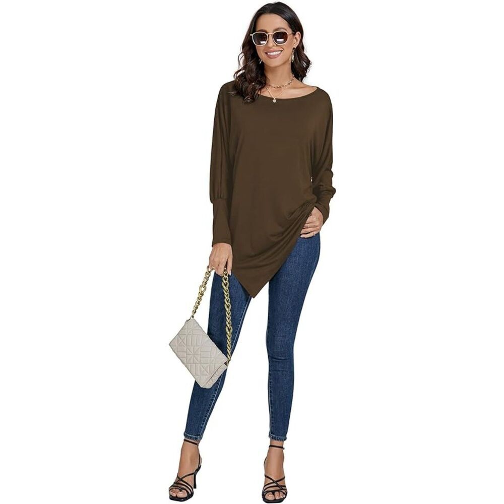 LYANER Boat Neck Asymmetrical Hem Bat Long Sleeve Split Loose Tunic Top Sz S